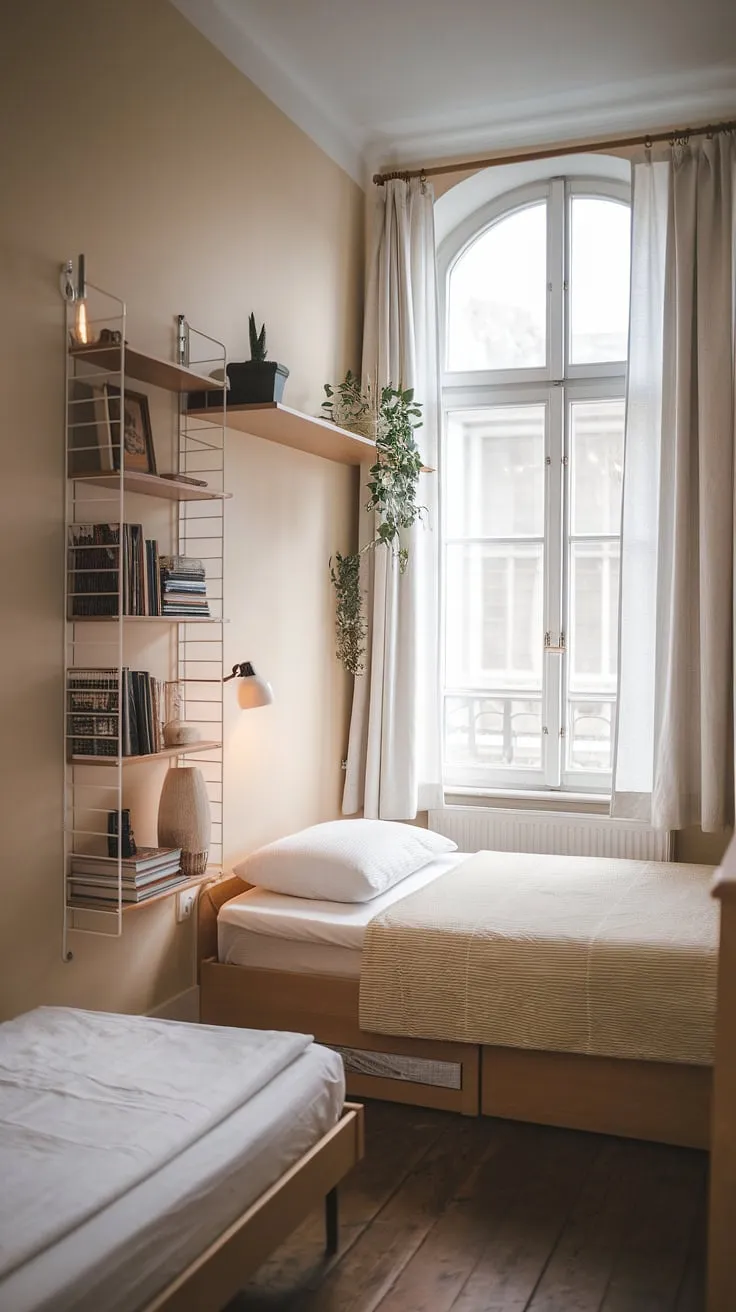 This small bedroom, featuring a small double bedroom layout, demonstrates ingenious space saving storage for small bedrooms. See how simple over bed storage ideas and wall storage ideas for small bedrooms, combined with thoughtful small bedroom decoration ideas, create a surprisingly spacious and inviting atmosphere. The strategic use of storage solutions offers plenty of storage ideas for small bedrooms, maximizing storage in a small bedroom without compromising on style. The light and airy feel is enhanced by the large window.