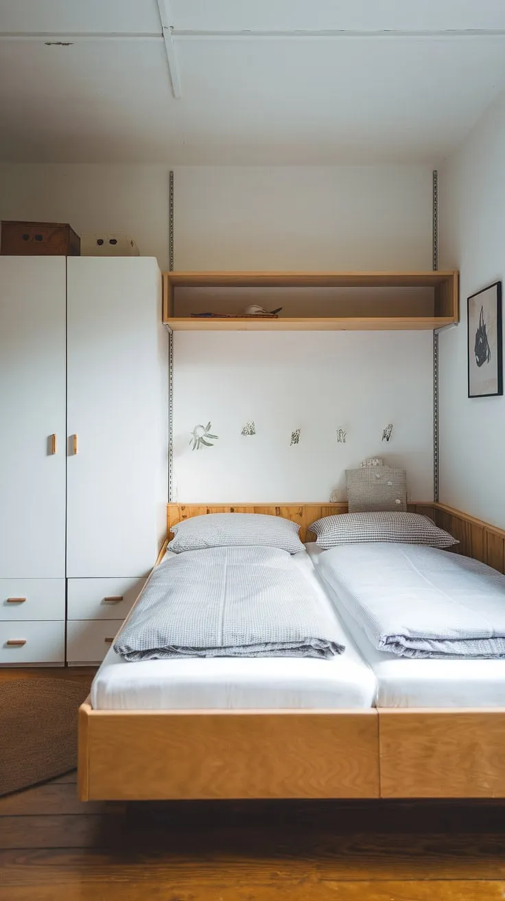 This small bedroom showcases ingenious small bedroom decoration ideas, proving that even a small double bedroom layout can be both stylish and practical. The efficient use of over bed storage and wall storage ideas for small bedrooms exemplifies smart storage ideas for small bedrooms, maximizing space and functionality. Perfect for those seeking small bedroom design ideas and inspiration for maximizing storage in a small bedroom.