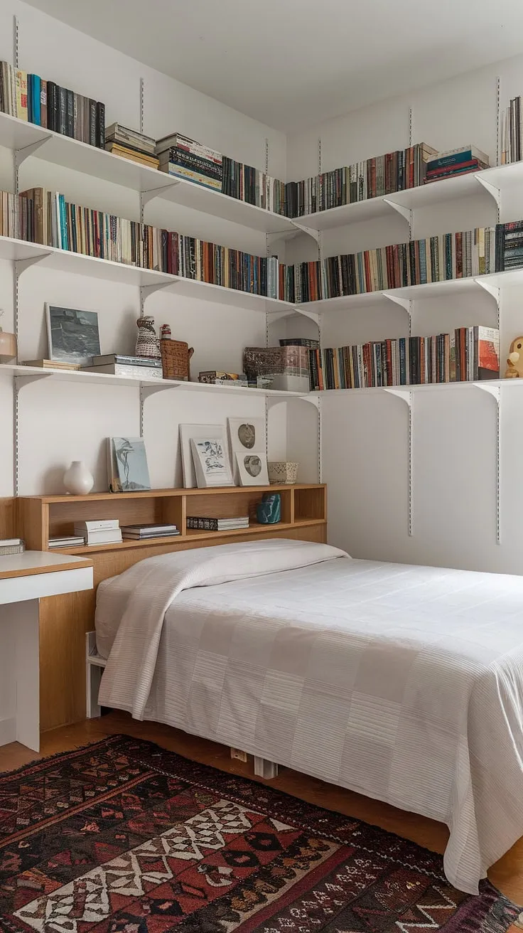 Maximize storage in this small bedroom with clever wall shelving and over-bed storage ideas. Small bedroom design ideas don't get much better than this.