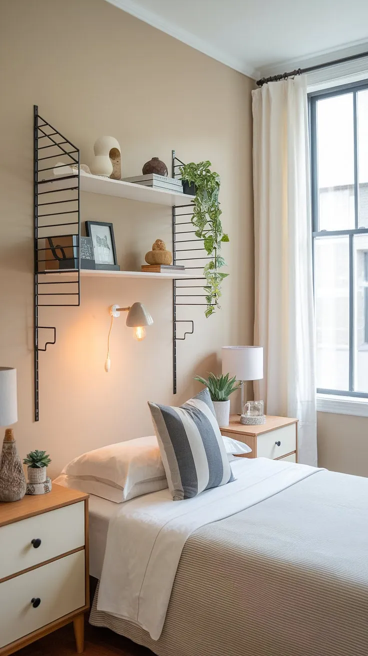 Cozy and functional small bedroom design ideas shine in this space. Clever over bed storage ideas, including a built-in reading lamp, maximize storage in a small bedroom, while nightstands on either side of the double bed offer additional space saving storage for small bedrooms. This small double bedroom layout demonstrates effective small bedroom storage ideas and wall storage ideas for small bedrooms, proving that even the smallest rooms can be stylish and practical.