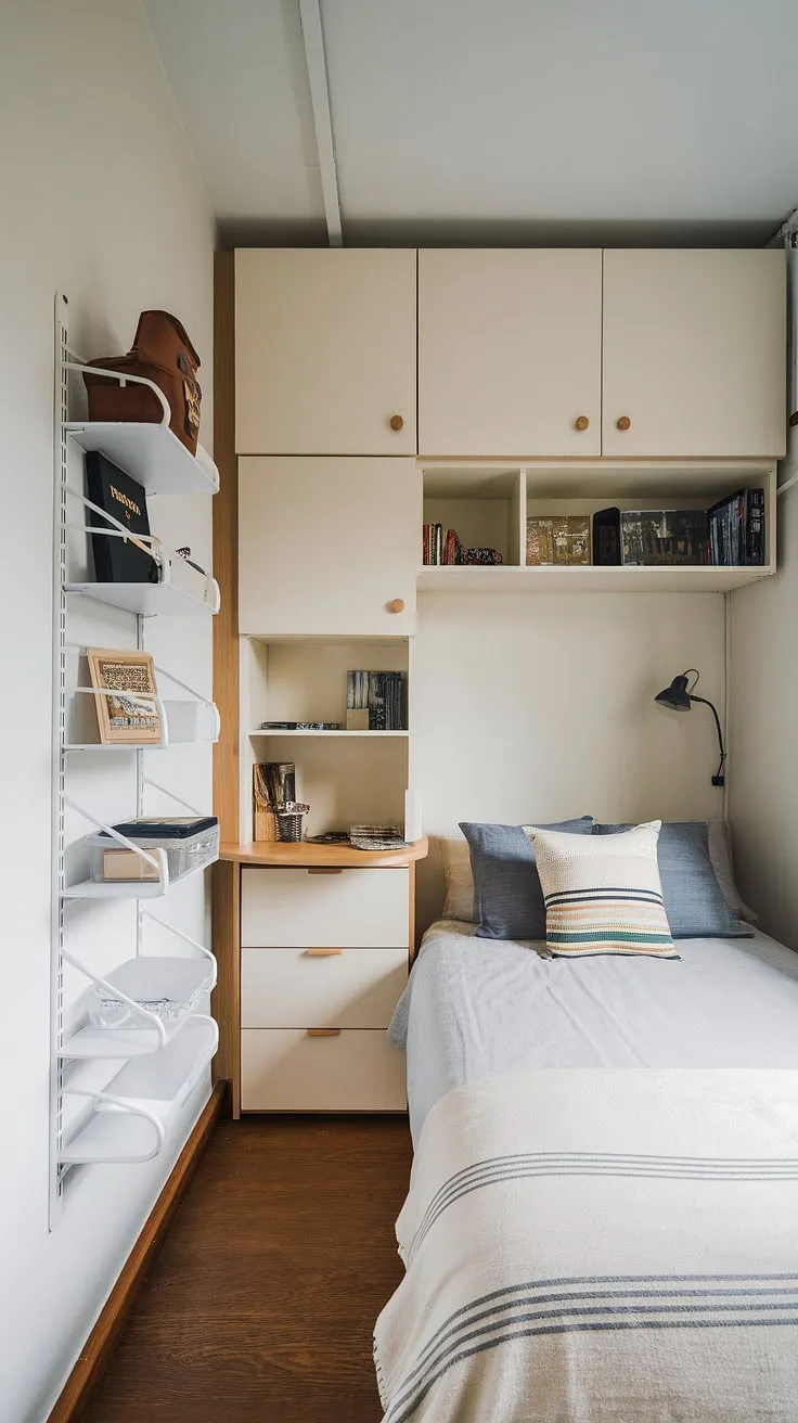 Maximize storage in this small bedroom with clever over bed storage ideas and wall storage ideas for small bedrooms. This small double bedroom layout proves that even small bedroom design ideas can be stylish and functional.