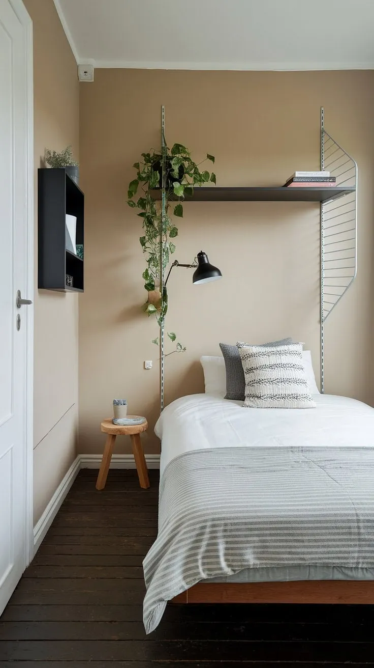 Cozy and functional small bedroom design ideas on display in this space-saving haven. Note the clever over bed storage ideas, maximizing storage in a small bedroom with a floating shelf above the double bed. Wall storage ideas for small bedrooms are also implemented, with additional shelving to the left. This small double bedroom layout demonstrates excellent small bedroom storage ideas, proving that even a small bedroom can be stylish and practical. The wooden stool adds a touch of rustic charm, while the neutral color palette keeps the room feeling airy and spacious. This is a perfect example of space saving storage for small bedrooms.