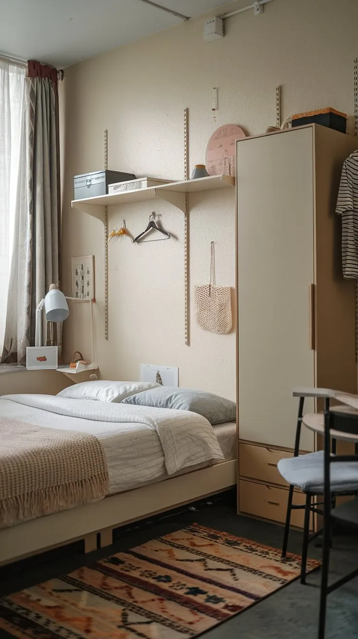 Cozy and functional, this small bedroom showcases clever small bedroom storage ideas. The over bed storage shelf, wall storage ideas for small bedrooms, and tall wardrobe maximize storage in a small bedroom, proving that even a small double bedroom layout can be stylish and practical. Space saving storage for small bedrooms is key, and this room demonstrates excellent small bedroom design ideas.