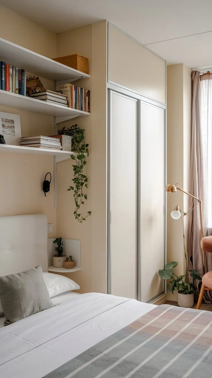 This small double bedroom showcases clever small bedroom storage ideas, maximizing space with a built-in wardrobe and over bed storage. The small double bedroom layout prioritizes functionality, incorporating wall storage ideas for small bedrooms and space saving storage for small bedrooms. Notice the thoughtful small bedroom decoration ideas, creating a cozy and efficient atmosphere. This is a prime example of how to maximize storage in a small bedroom.