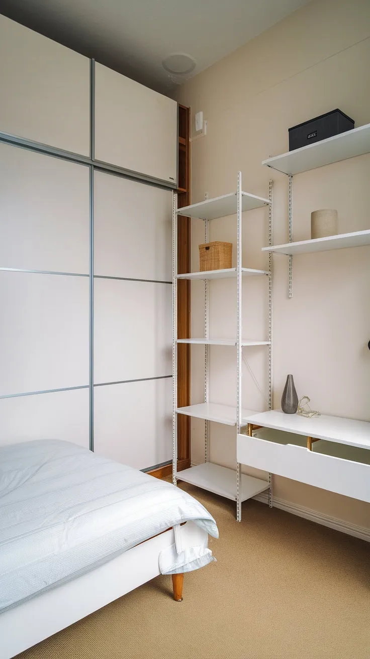 Clever storage solutions transform this small bedroom into a functional and stylish space. The white color palette keeps the room feeling bright and airy, while the combination of a wardrobe, tall shelving, wall storage, and over-bed storage provides ample space. This small double bedroom layout offers practical small bedroom storage ideas and small bedroom decoration ideas, demonstrating how to maximize storage in a small bedroom. Explore these storage ideas for small bedrooms and space-saving storage for small bedrooms to find inspiration for your own small bedroom design ideas.