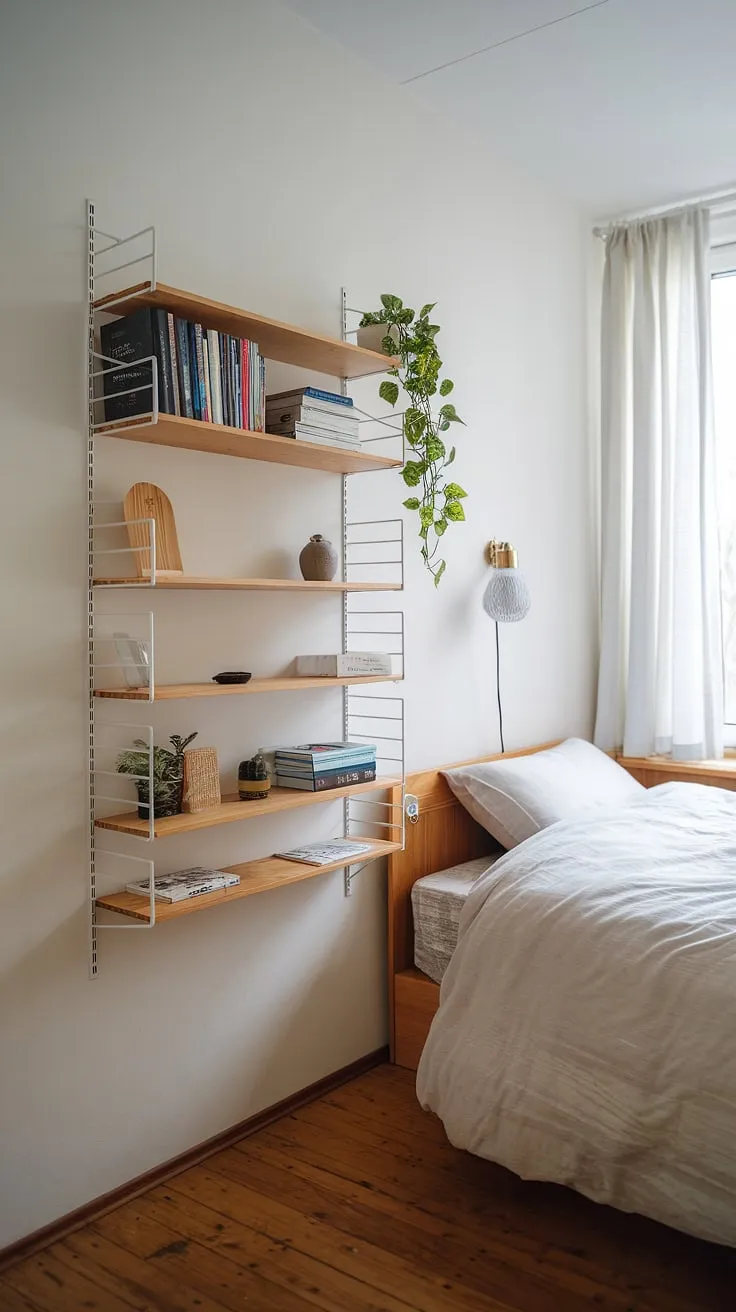 Cozy and functional: This small bedroom proves that maximizing space doesn't mean sacrificing style. Clever storage solutions, like the over-bed shelving and wall-mounted unit, offer plenty of room for books, plants, and personal items, showcasing brilliant small bedroom storage ideas and small bedroom decoration ideas. This small double bedroom layout is a masterclass in space saving storage for small bedrooms.