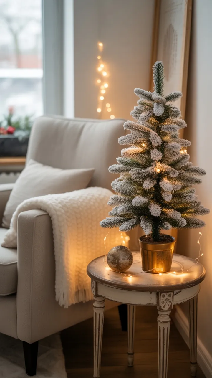 Petite Flocked Tree and Vintage Warmth in a Cozy Holiday Nook