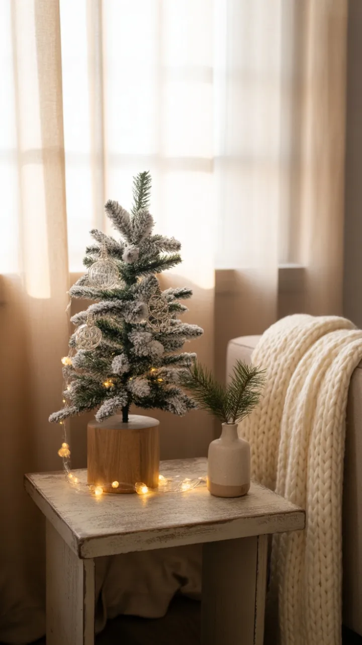 Cozy Mini Christmas Corner with Flocked Tree and Knit Textures