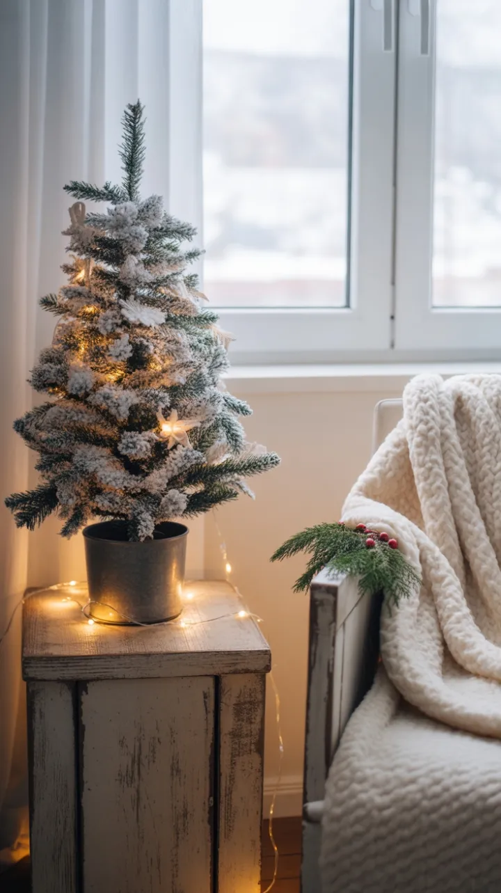Mini Flocked Tree and Cream Throws Warm a Petite Apartment Nook