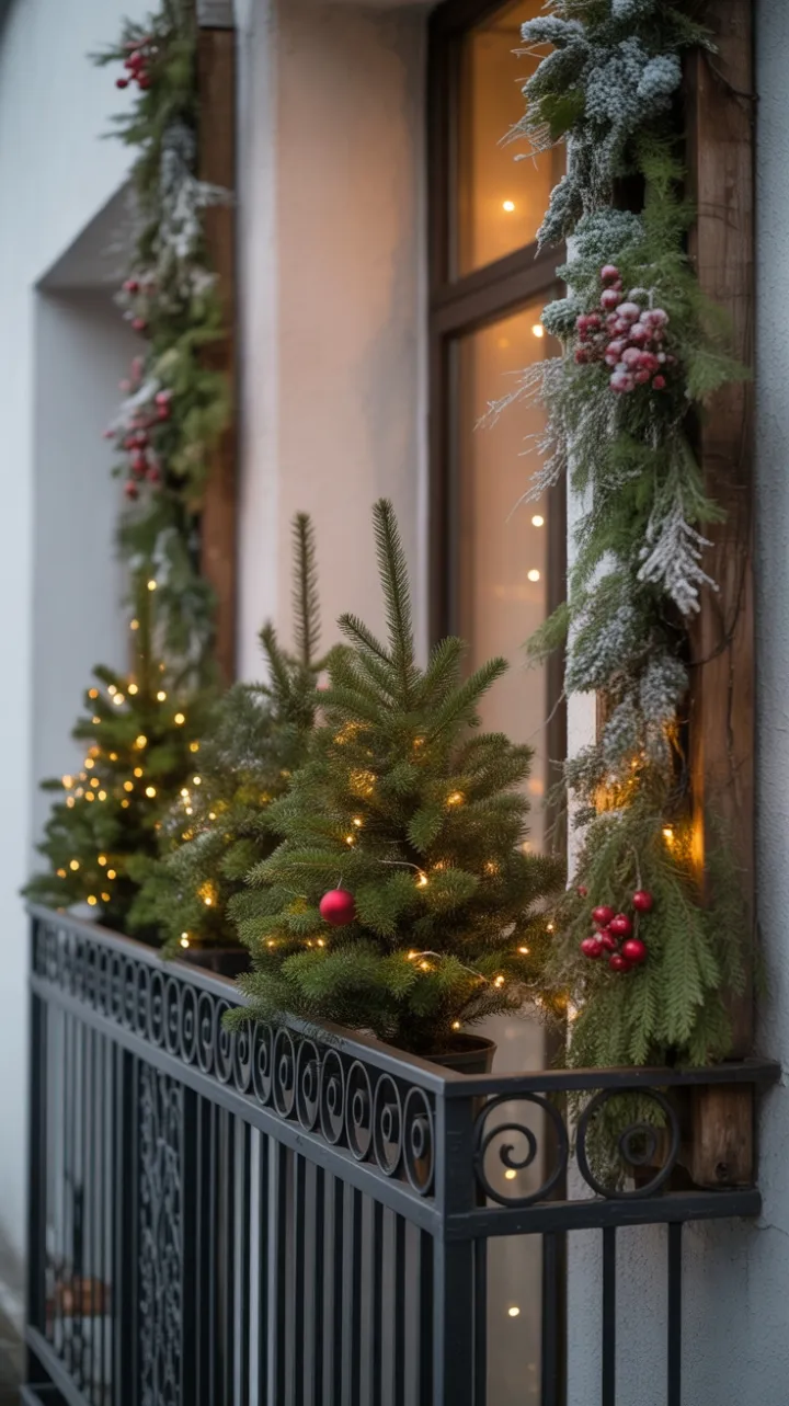 Minimalist Christmas Balcony with Twinkling Evergreens