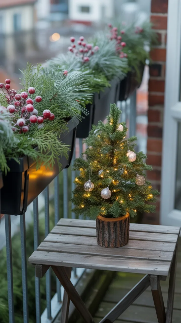 Cozy urban balcony dressed in a mini tree and frosted berries