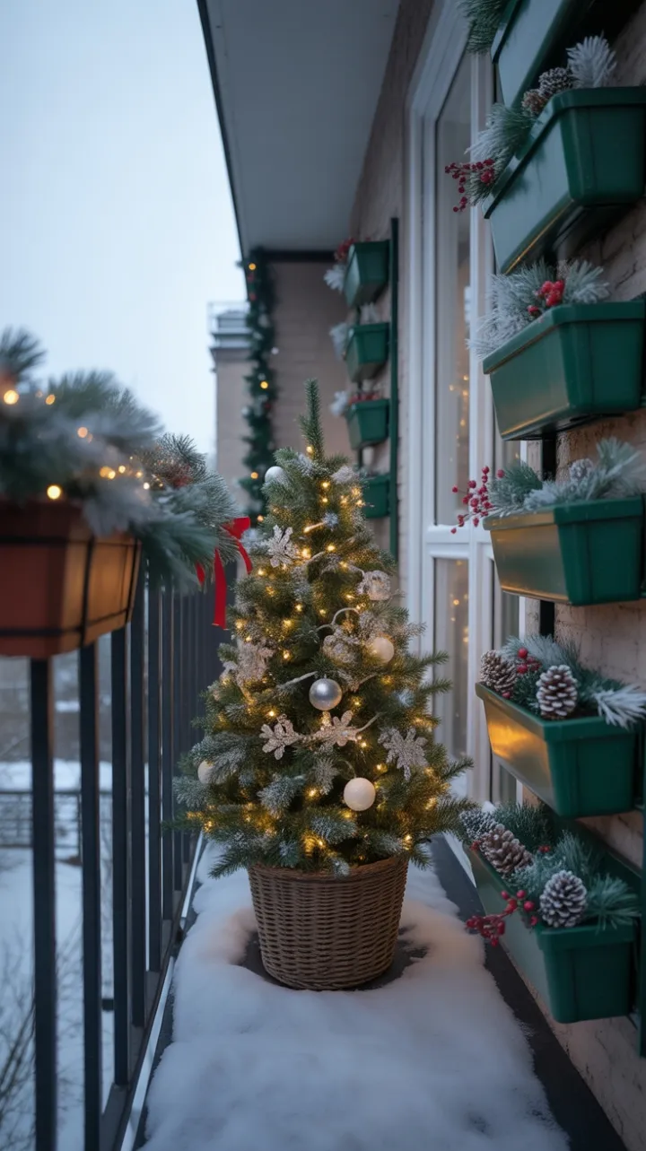 Snow-Kissed Balcony with a Glowing Miniature Tree