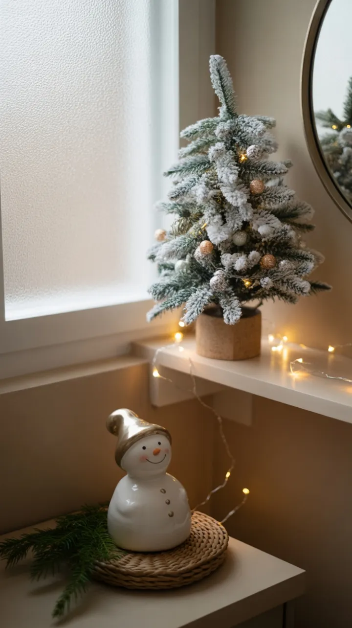 Flocked Tree and Rosy‑Cheeked Snowman Bring Cozy Holiday Charm to a Tiny Bathroom