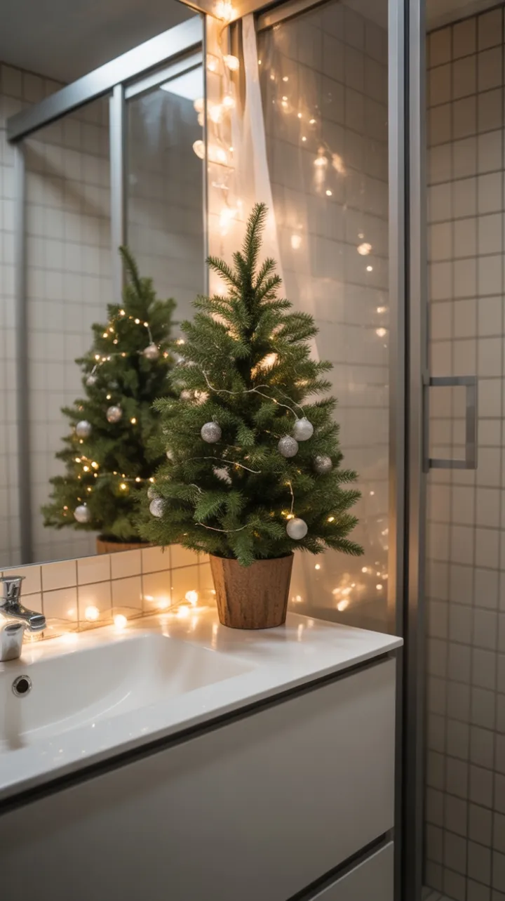 Subtle Holiday Glow in a Sleek Bathroom