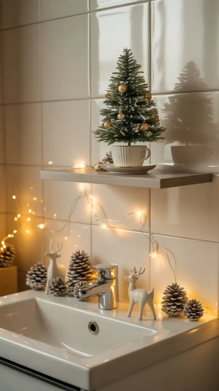 Teacup Tree and Golden Lights in a Modern Bath