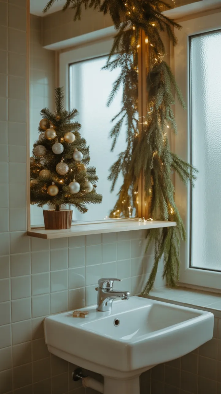 Tiny Tree Big Cheer in a Serene Holiday Bathroom