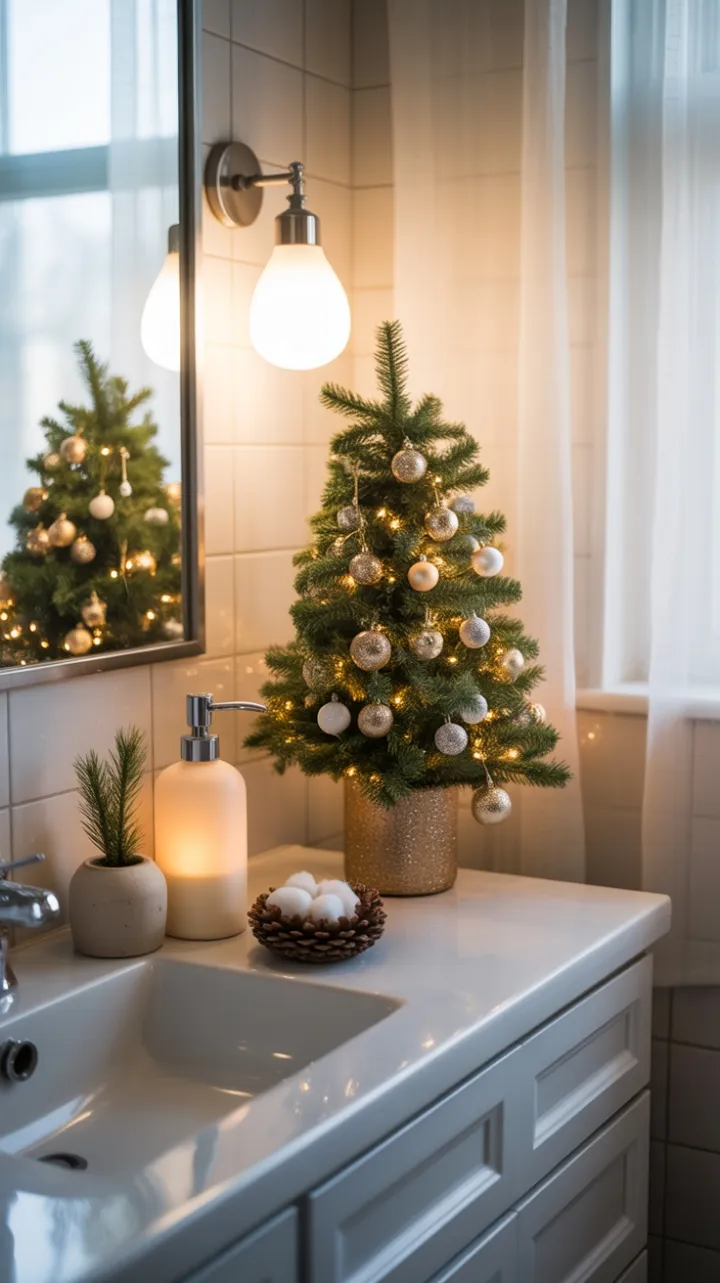 Petite Holiday Powder Room with a Miniature Christmas Tree