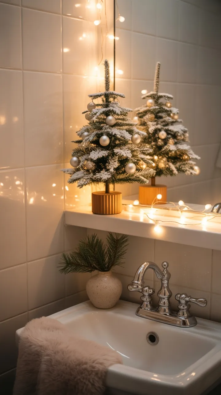 Miniature Snow-Kissed Tree Brings Holiday Warmth to a Serene Bathroom