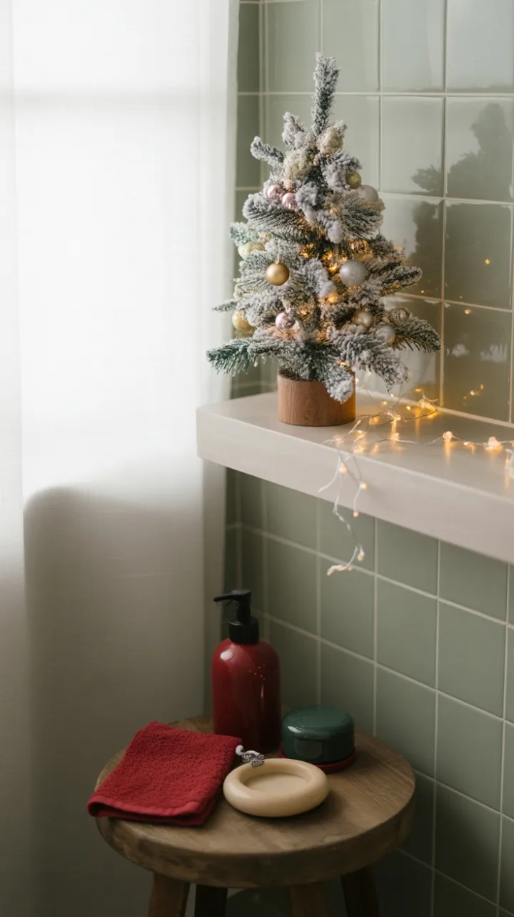 Flocked Mini Tree and Rustic Accents Turn a Small Bathroom into a Cozy Holiday Nook