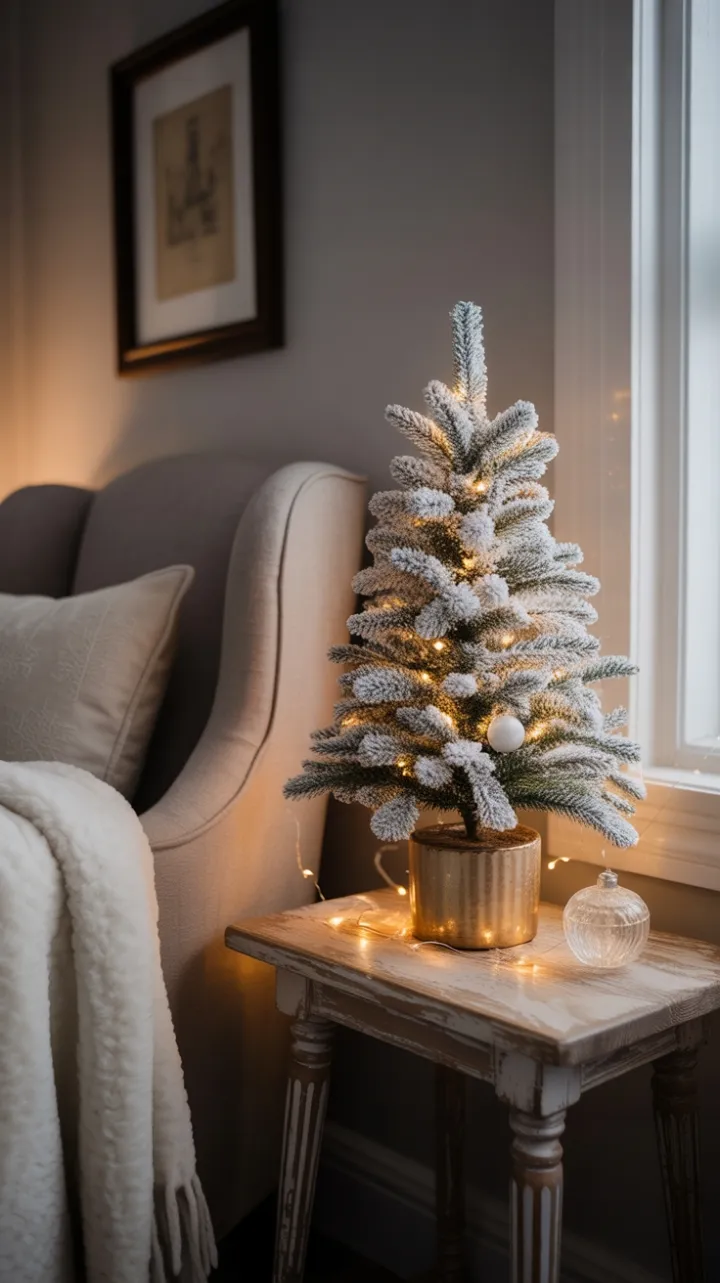 Flocked Mini Tree in a Vintage Winter Nook