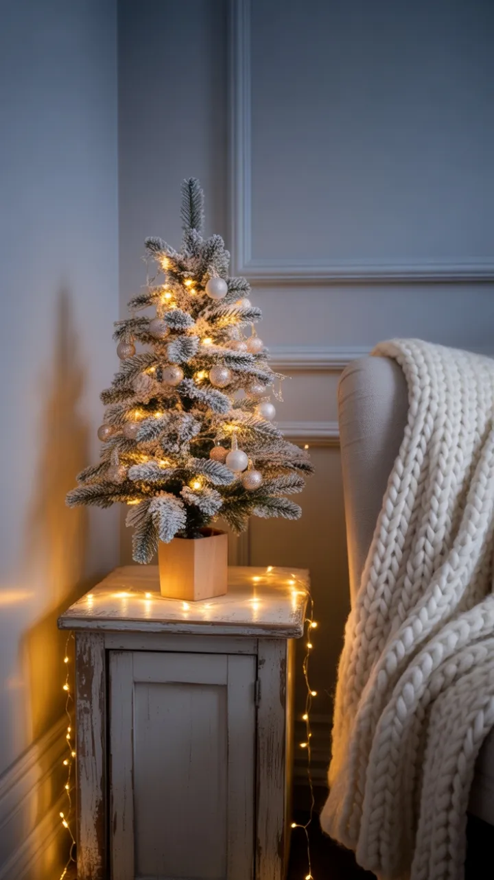 Cozy corner with mini flocked tree and cream knit throw