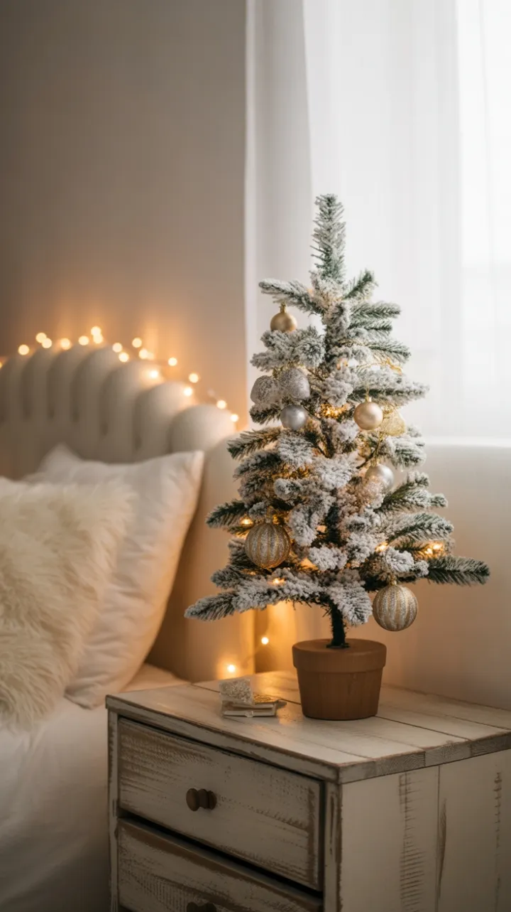 Petite Holiday Haven with Flocked Tree Warm Lights and Rustic Charm