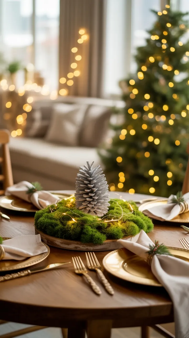 Intimate Holiday Table Dressed in Moss Gold and Warm Light