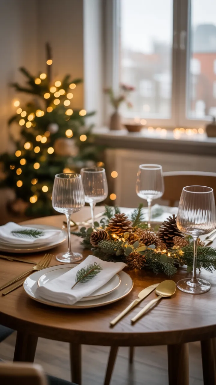 Cozy Minimalist Christmas Table with Gold-Rimmed Elegance