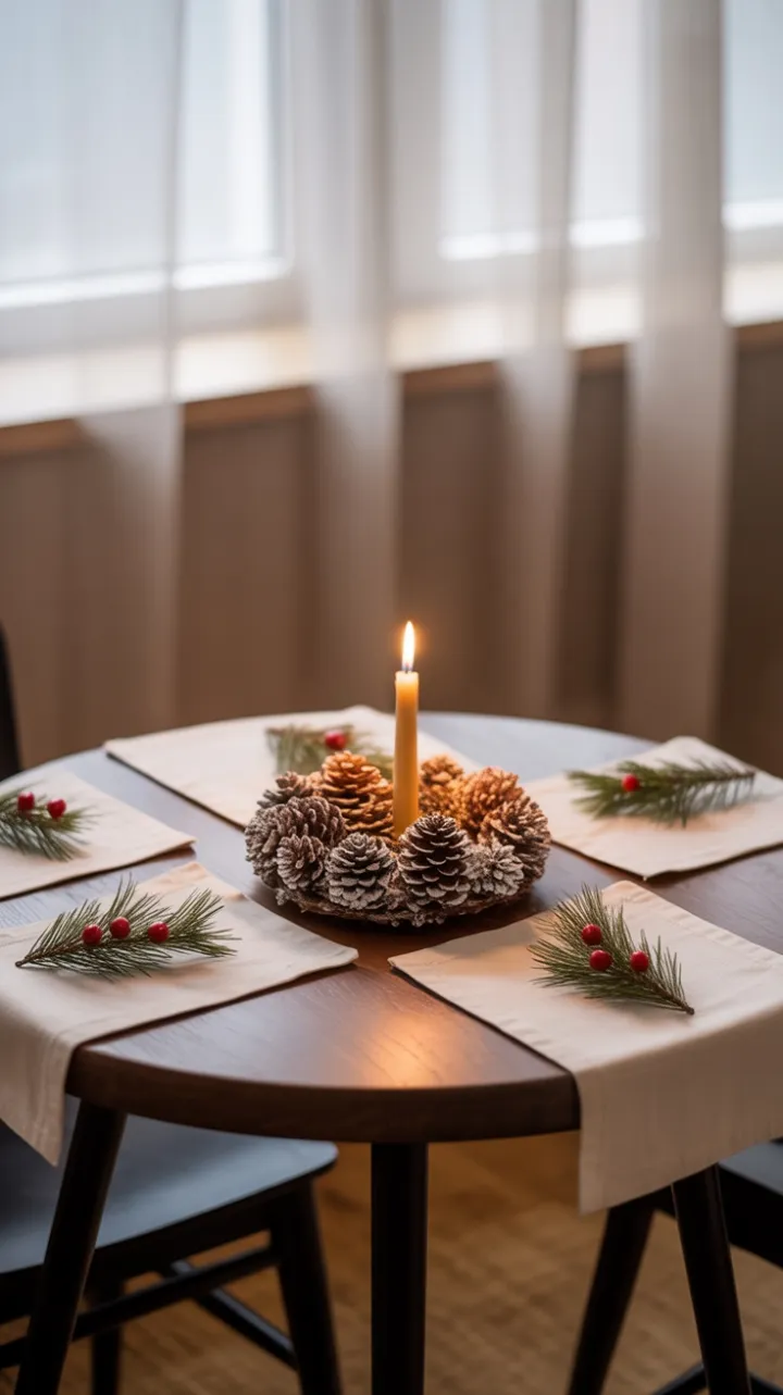 Intimate Christmas Table with Pine Sprigs and Beeswax Glow