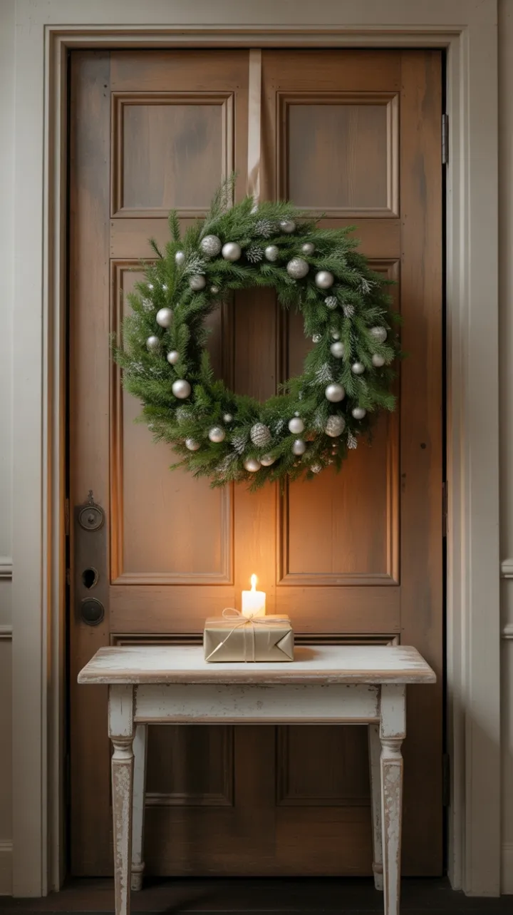 Candlelit Pine Welcome on a Rustic Doorstep