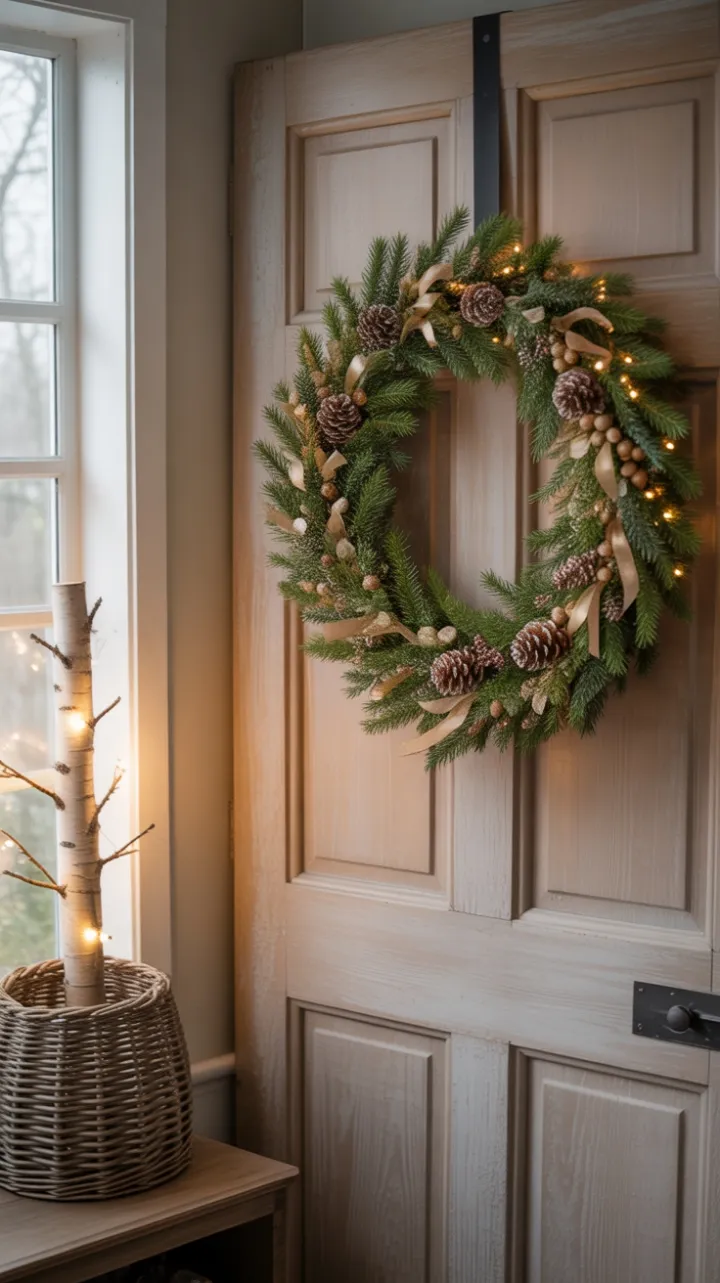 Cozy Christmas Entry with Birch Light and Wreath