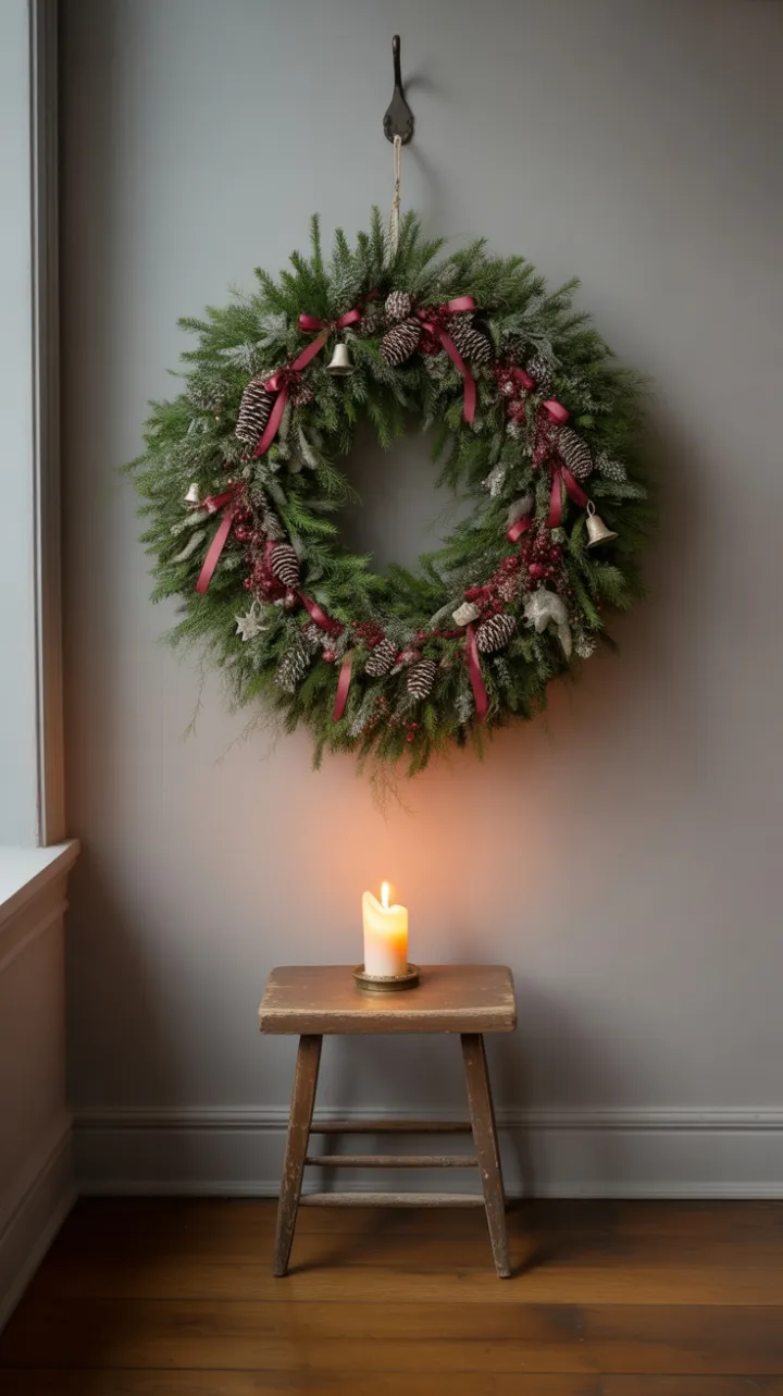 Evergreen Wreath and Candlelit Stool Welcome the Season