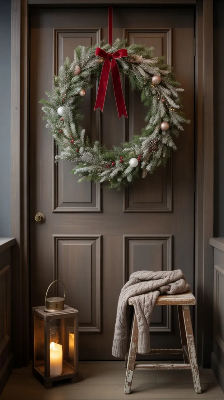 Cozy Holiday Welcome with Frosted Wreath Velvet Bow and Lantern Glow