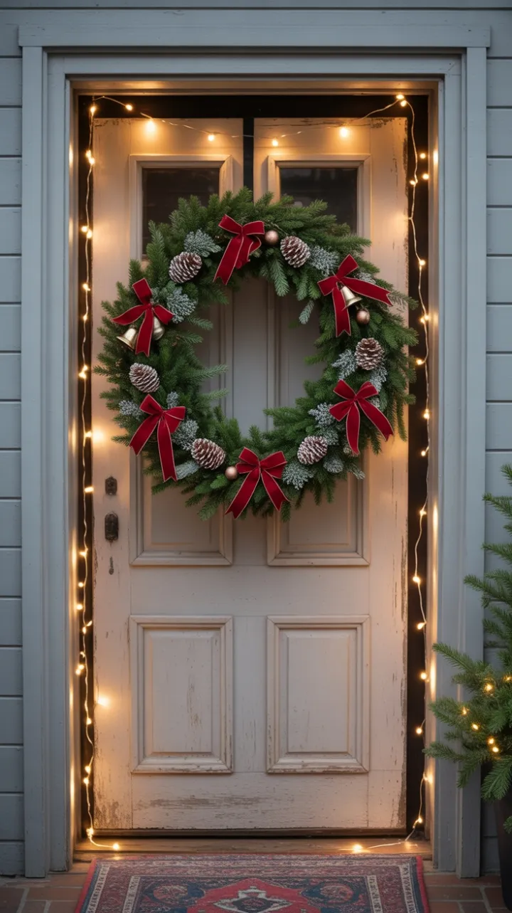 Wreath-Wrapped Welcome with Velvet Bows and Fairy-Light Glow
