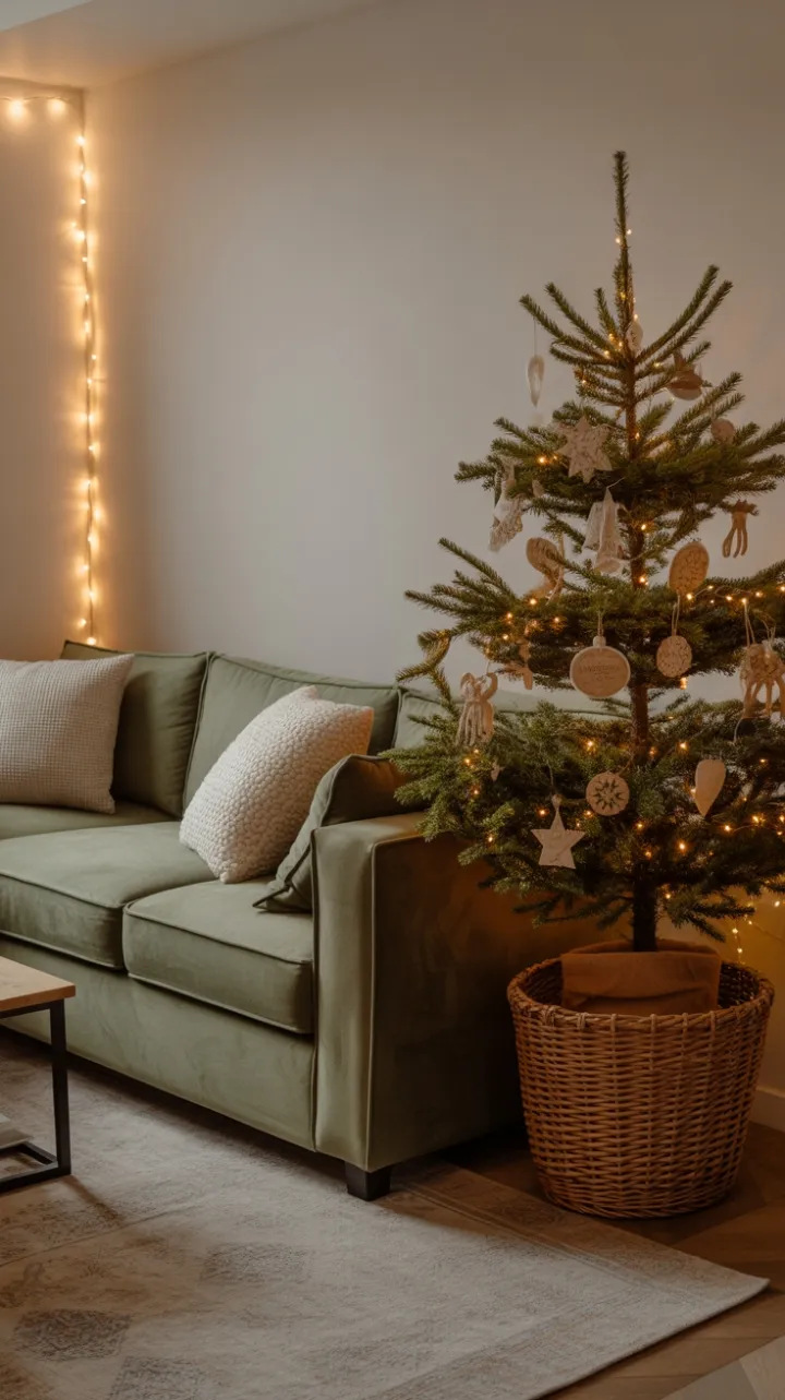Cozy Christmas Nook with Mini Tree, Velvet Sofa, and Handmade Charm
