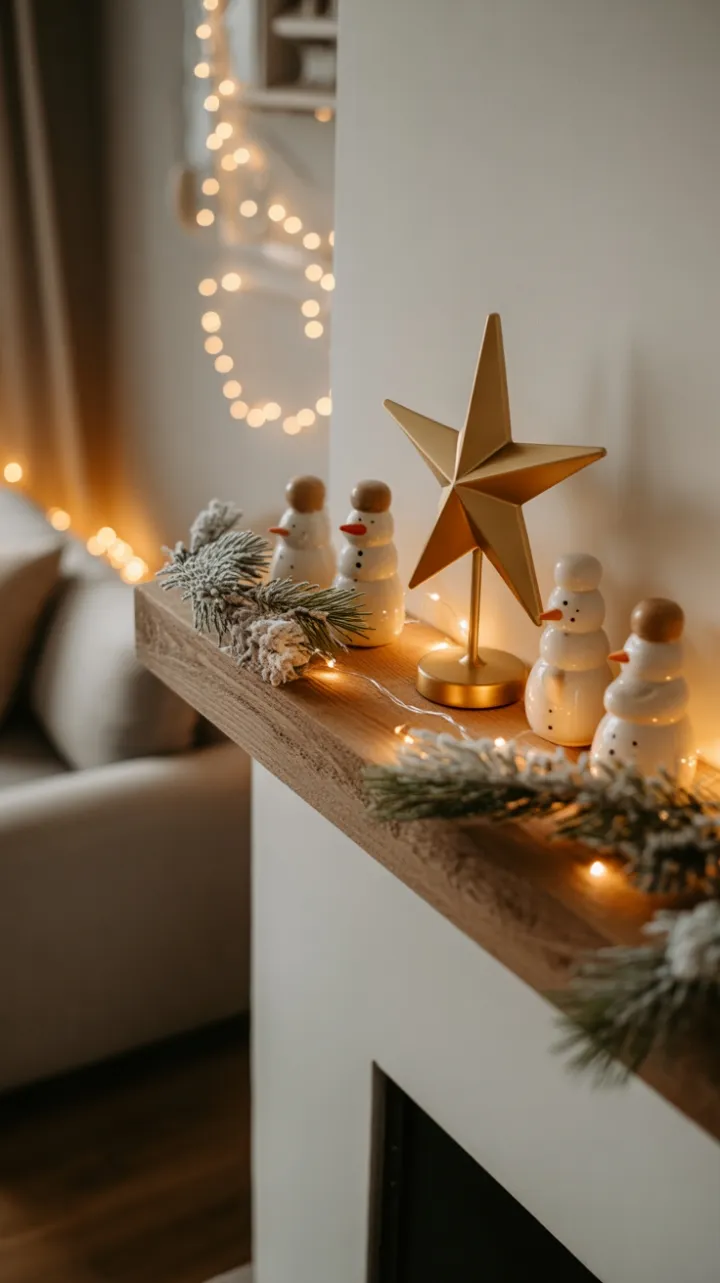 Frosted Pines and a Golden Star on a Cozy Rustic Mantel