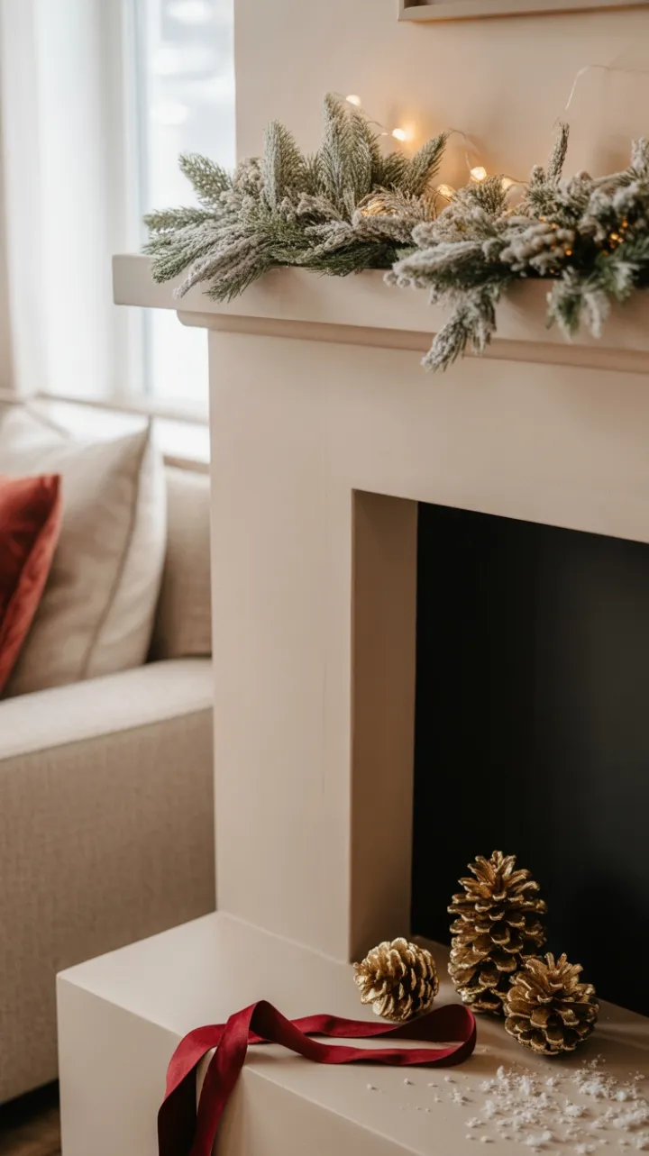 Quiet Mantel Dressed in Frosted Green Gold and Crimson