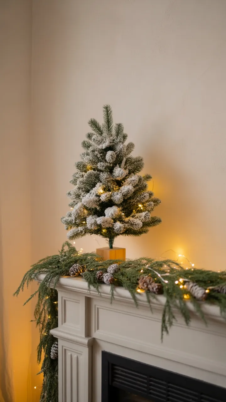 Hearthside Minimalism with Snow-Dusted Evergreen and Silver Lights