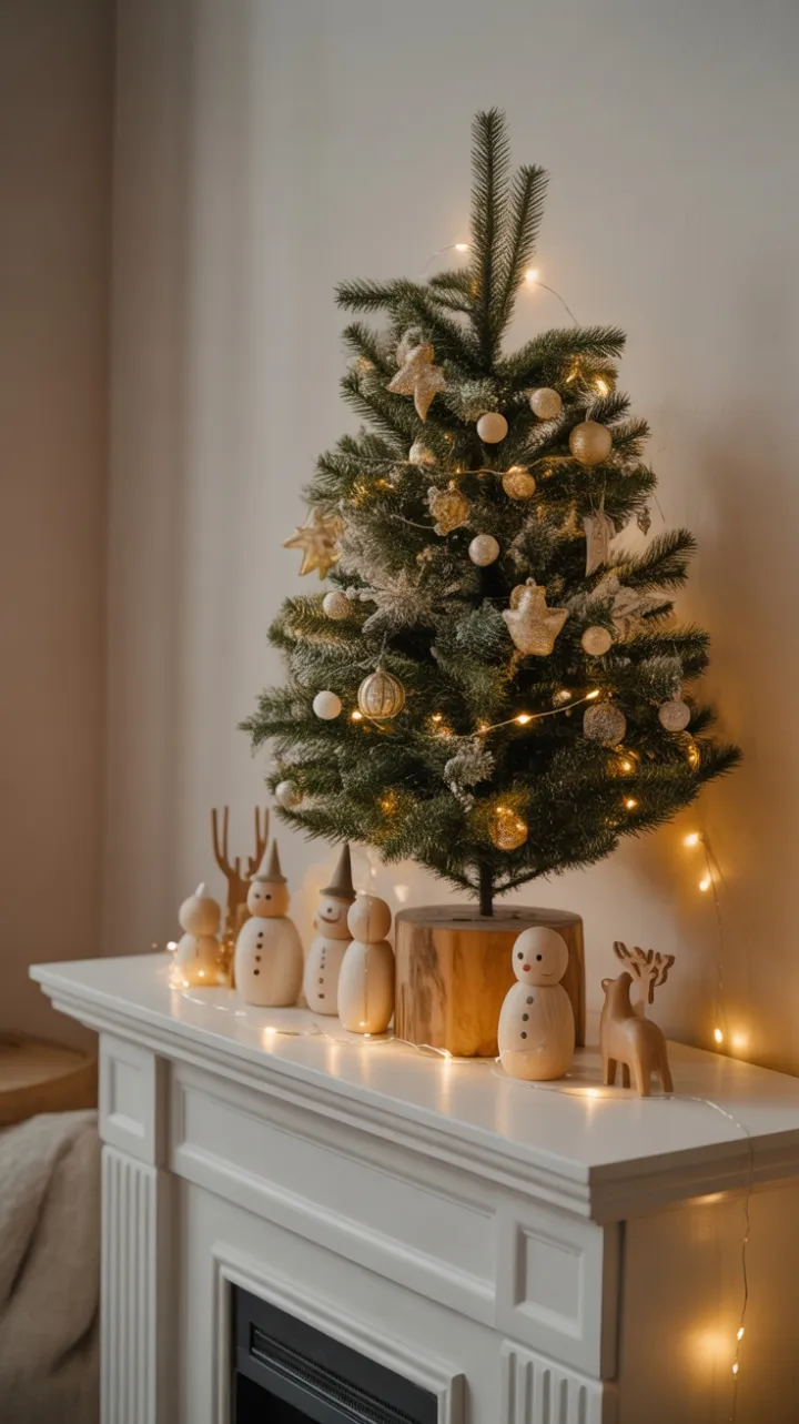 Miniature Evergreen and Rustic Charm on a Neutral Mantel