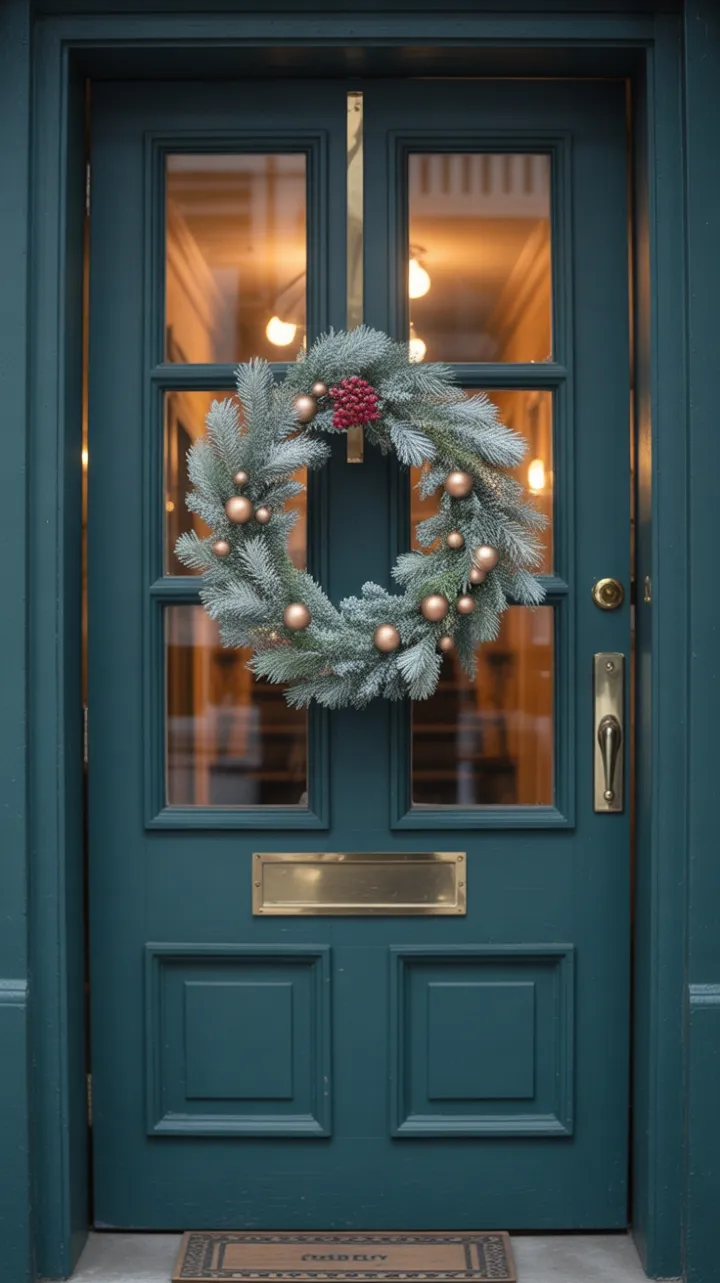 A Touch of Frosted Elegance on a Teal Door