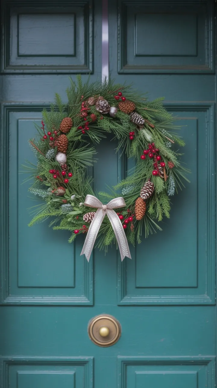 Pine and Berry Wreath on a Teal Door
