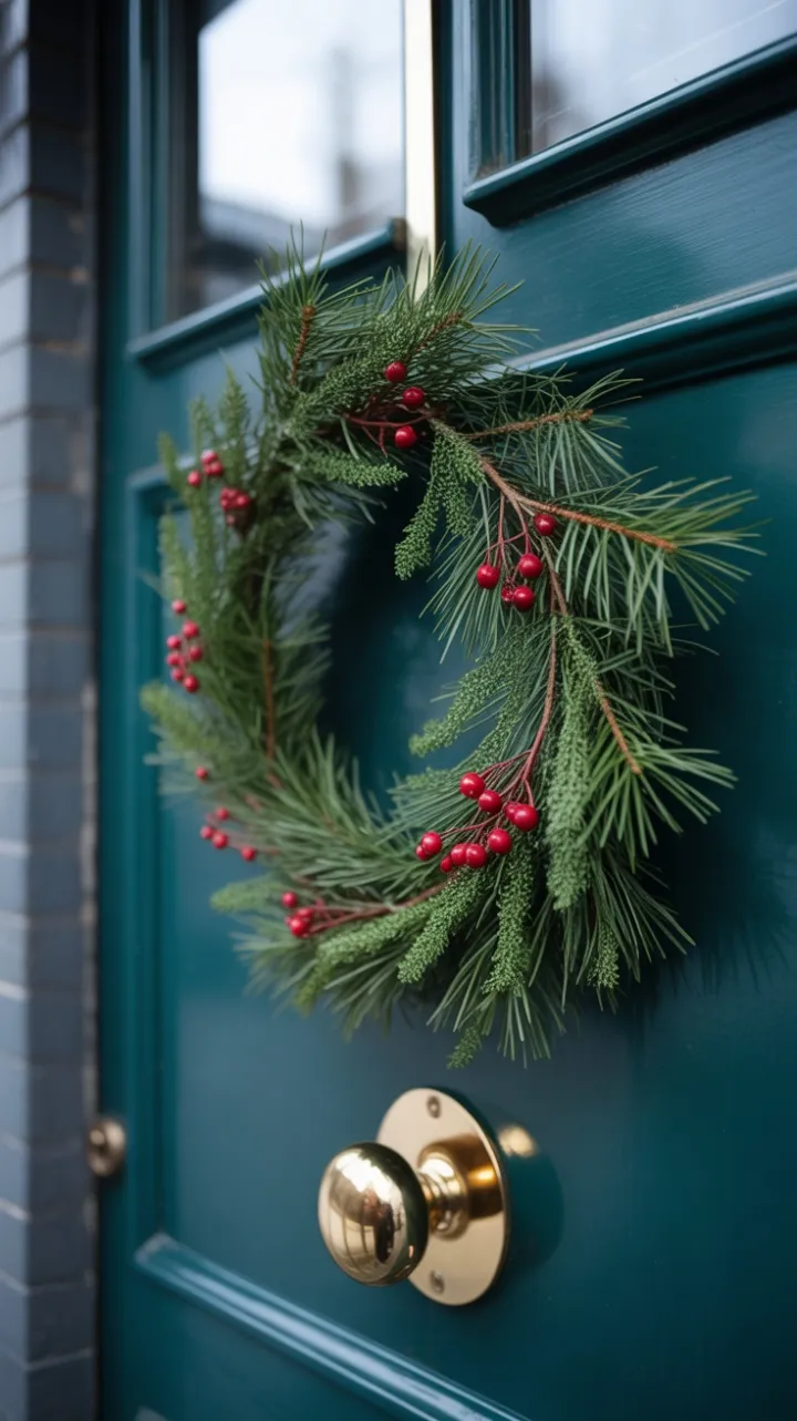 Pine Berry Wreath and Polished Brass on a Teal Door