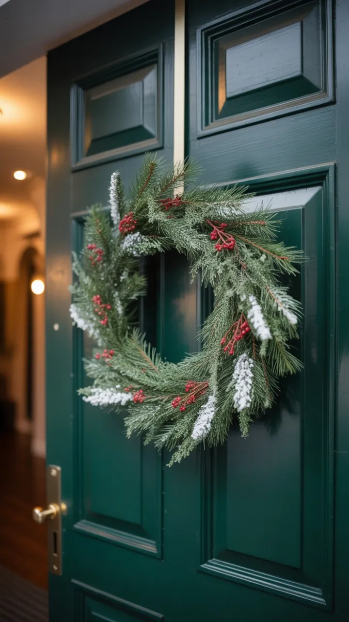 Snow-Kissed Pine and Berry Wreath on a Hunter Green Door