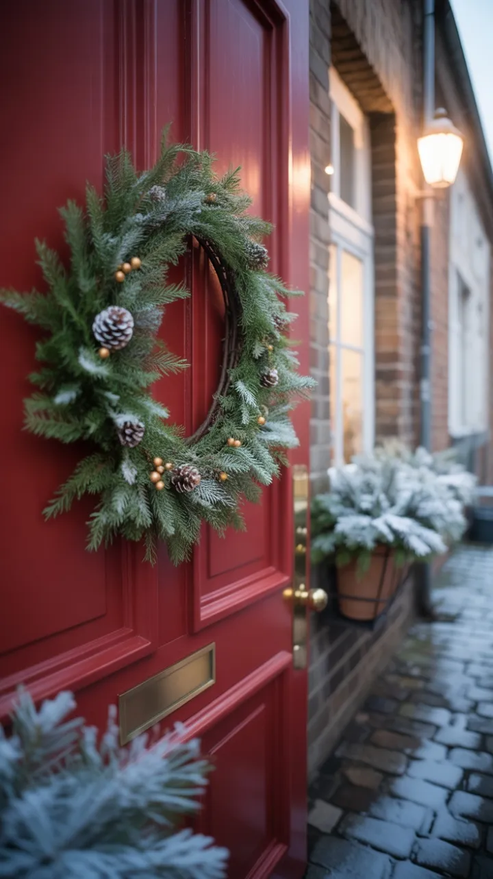 Evergreen Embrace on a Scarlet Door