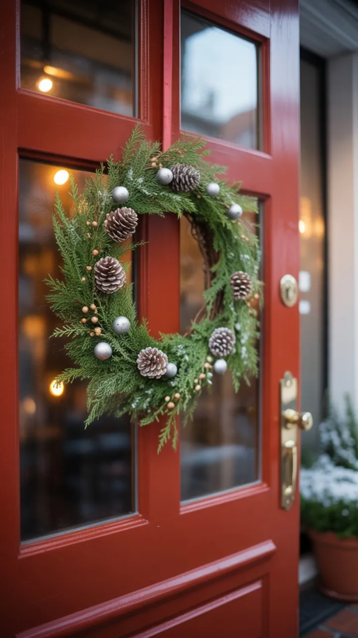 Evergreen Embrace on a Red Door