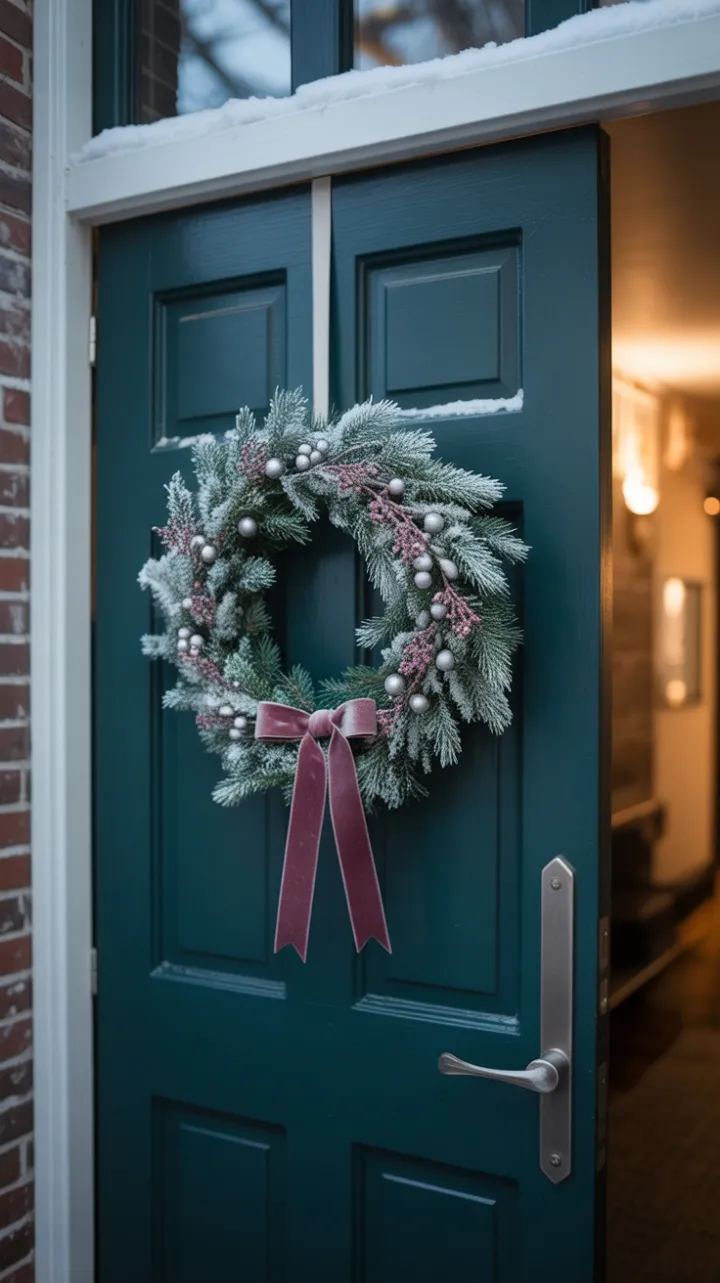 Burgundy Bow on a Teal Winter Welcome