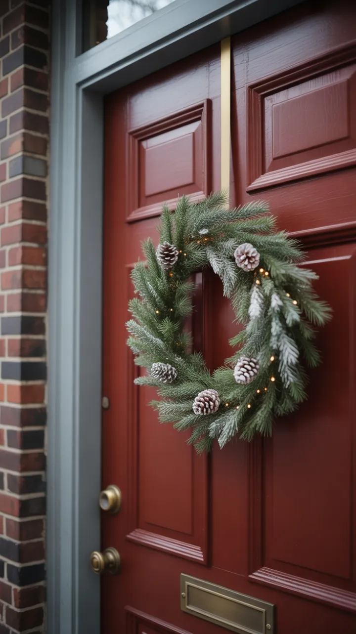 Mini Pine Wreath Illuminates a Crimson Door