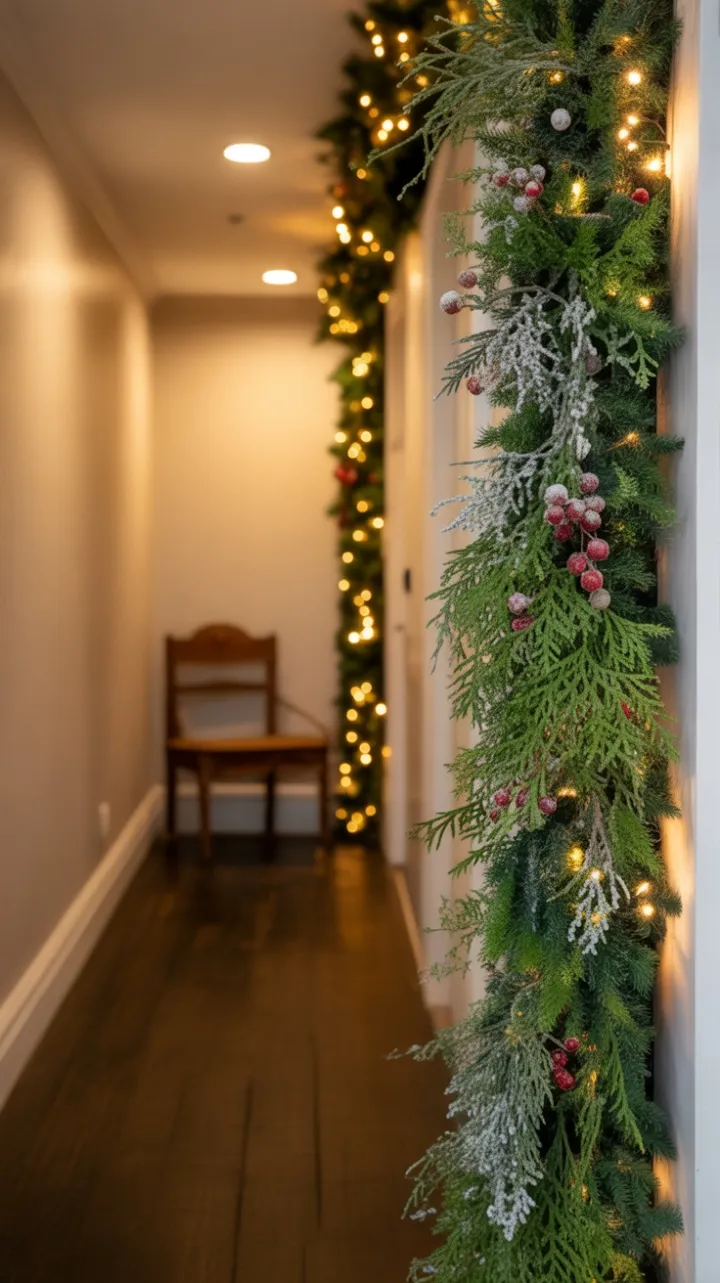 Vertical Garland and Vintage Bench Warm a Narrow Holiday Hallway