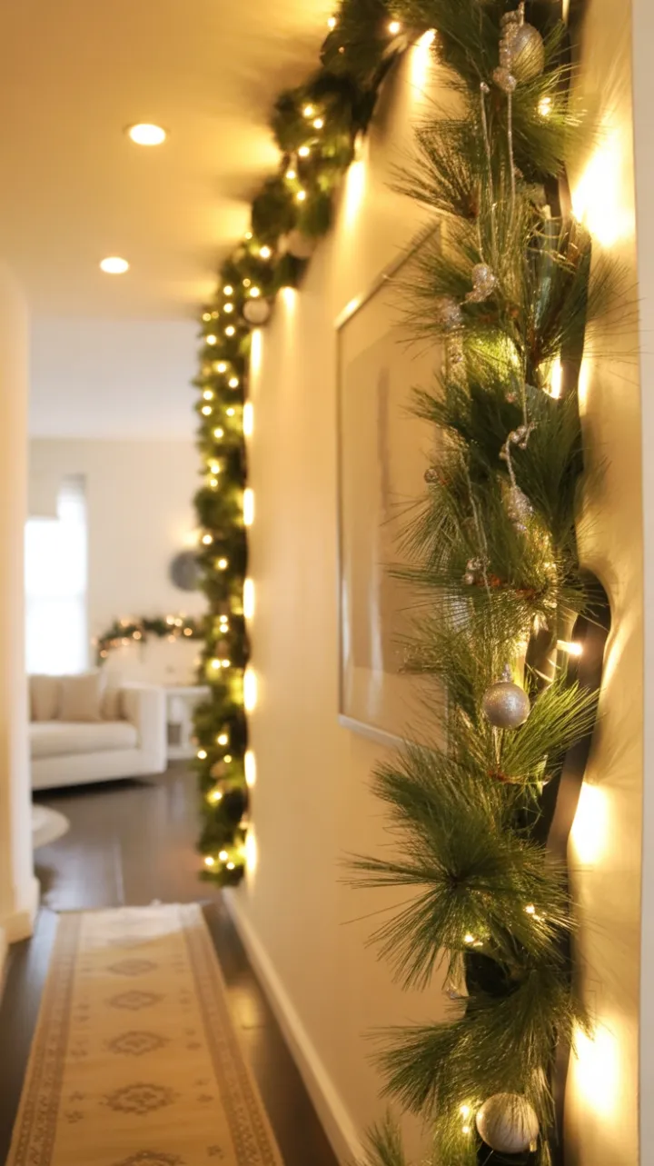 Cream-Hued Corridor Adorned with a Space-Saving Pine Garland
