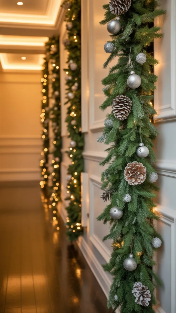 Vertical Emerald Garland Elevates a Cozy Holiday Hallway